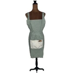 Retro Women Apron Home Workwear Kitchen Baking Green Stripe Terry Pockets Ruffle